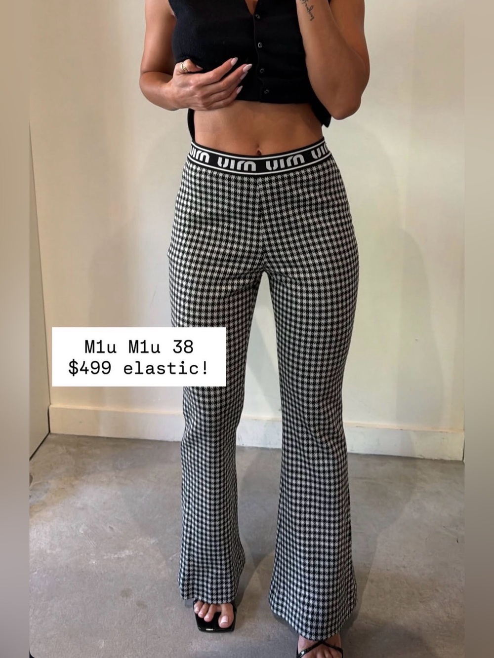 Miu Miu Black & White Houndstooth Flare Pants with Logo Waistband
